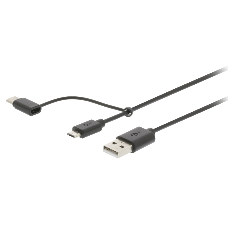 USB 2.0 Kabel USB A Male - USB-Micro-B / USB-C Male 1 m Zwart + Type-C-Adapter